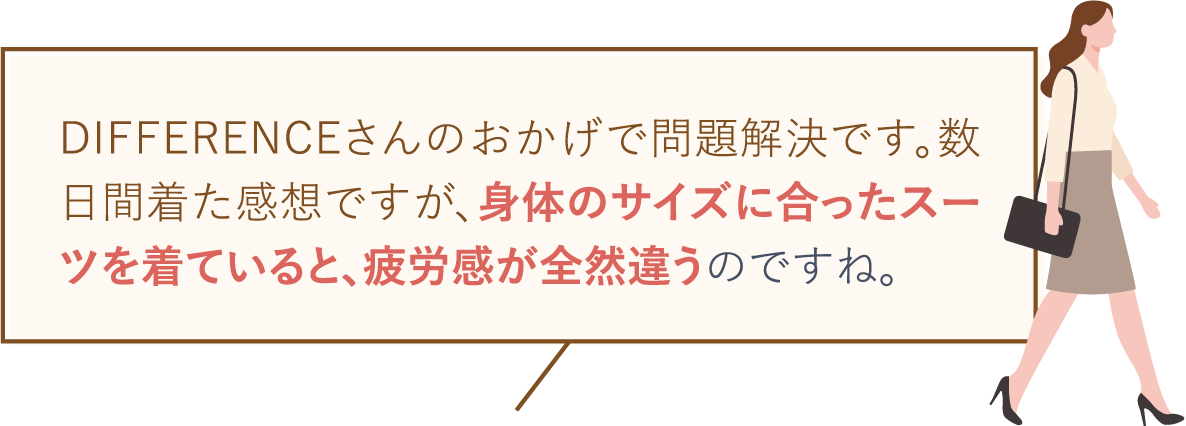 DIFFERENCEさんのおかげで問題解決です。数日間着た感想ですが、身体のサイズに合ったスーツを着ていると、疲労感が全然違うのですね。
