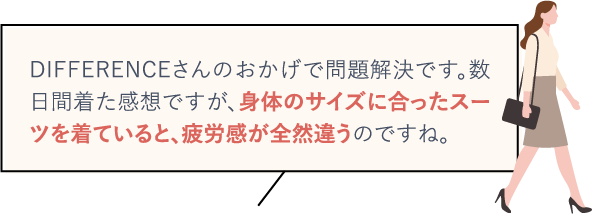 DIFFERENCEさんのおかげで問題解決です。数日間着た感想ですが、身体のサイズに合ったスーツを着ていると、疲労感が全然違うのですね。